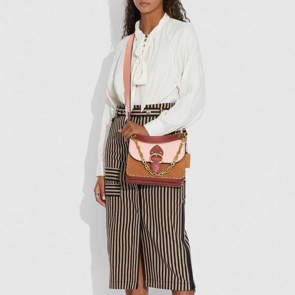 Coach Beat Colorblock Smooth Leather & Suede Gold Chain Buckle Shoulder Bag - Picture 2 of 14